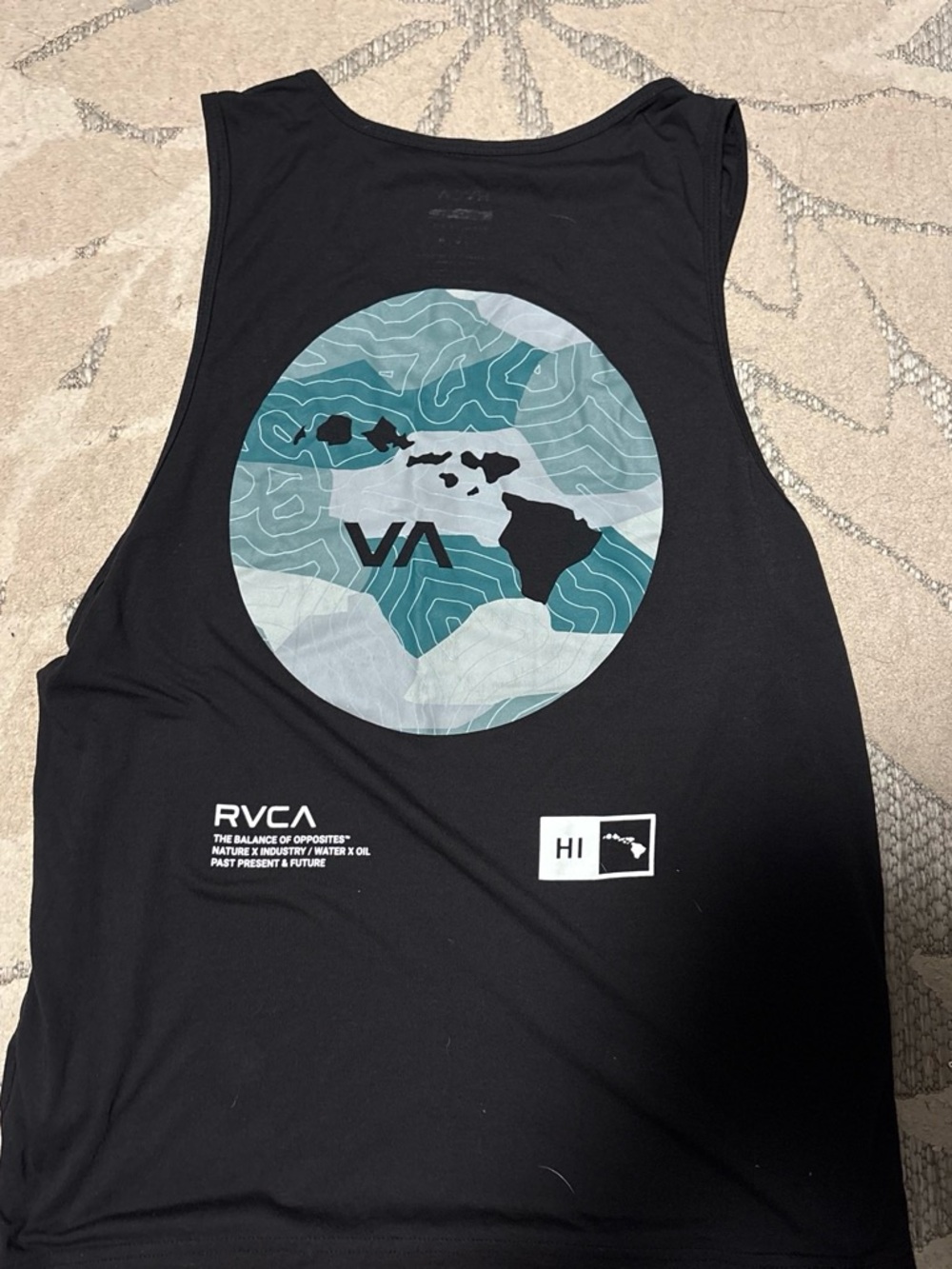 RVCA Black Tank Top with Teal & Light Blue Hawaii Graphic
